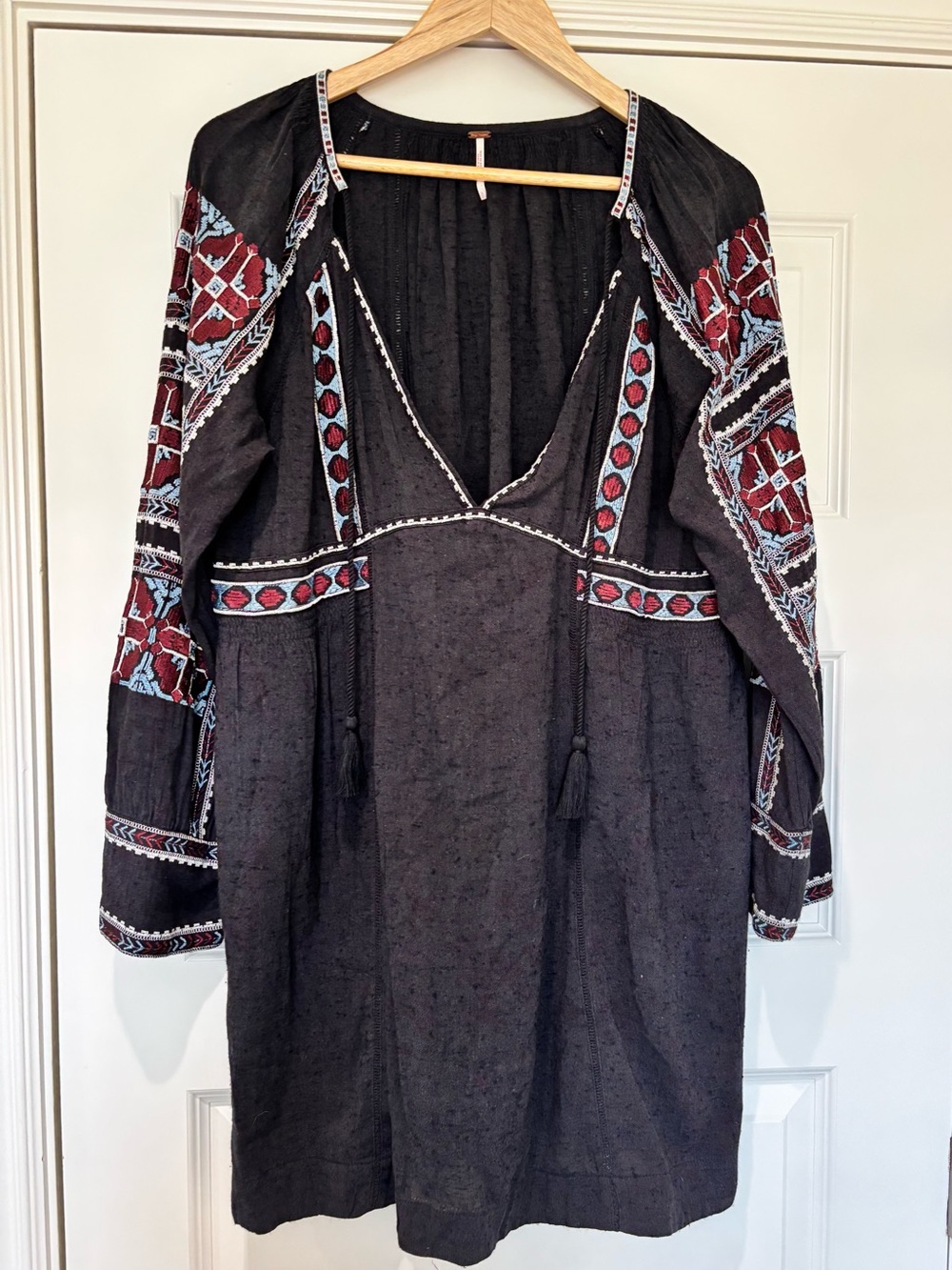 Free People S Boho Embroidered Folk Peasant Dress Turquoise Artisan Festival - Picture 2 of 14